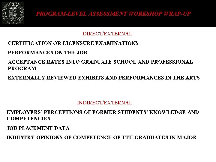 PROGRAM-LEVEL ASSESSMENT WORKSHOP WRAP-UP DIRECT/EXTERNAL CERTIFICATION OR LICENSURE EXAMINATIONS PERFORMANCES ON THE JOB ACCEPTANCE