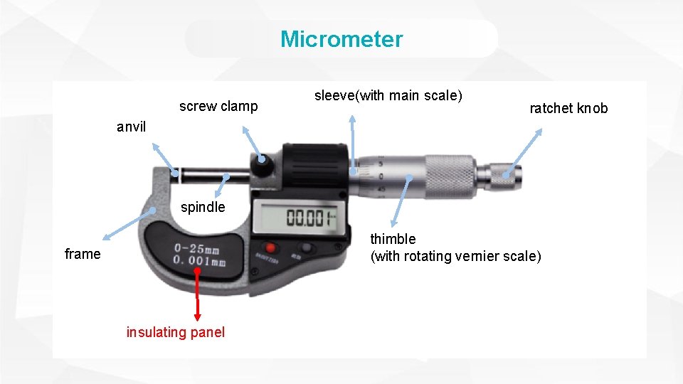 Micrometer screw clamp sleeve(with main scale) ratchet knob anvil spindle thimble (with rotating vernier