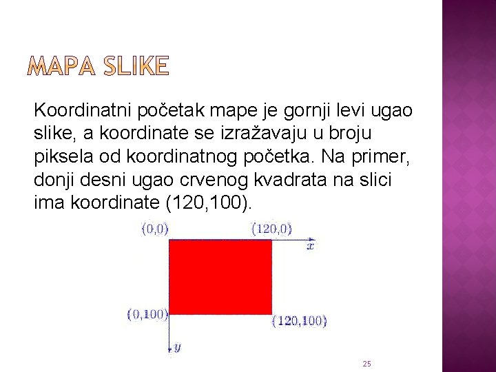 Koordinatni početak mape je gornji levi ugao slike, a koordinate se izražavaju u broju