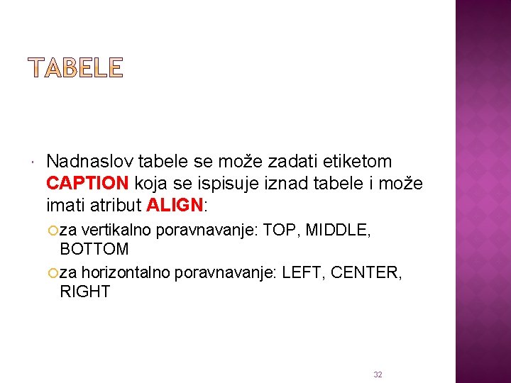  Nadnaslov tabele se može zadati etiketom CAPTION koja se ispisuje iznad tabele i