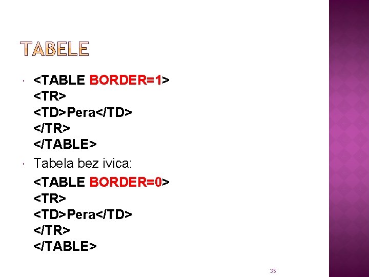  <TABLE BORDER=1> <TR> <TD>Pera</TD> </TR> </TABLE> Tabela bez ivica: <TABLE BORDER=0> <TR> <TD>Pera</TD>