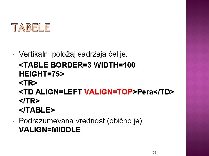  Vertikalni položaj sadržaja ćelije. <TABLE BORDER=3 WIDTH=100 HEIGHT=75> <TR> <TD ALIGN=LEFT VALIGN=TOP>Pera</TD> </TR>