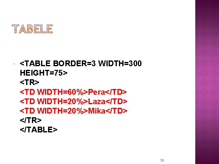  <TABLE BORDER=3 WIDTH=300 HEIGHT=75> <TR> <TD WIDTH=60%>Pera</TD> <TD WIDTH=20%>Laza</TD> <TD WIDTH=20%>Mika</TD> </TR> </TABLE>