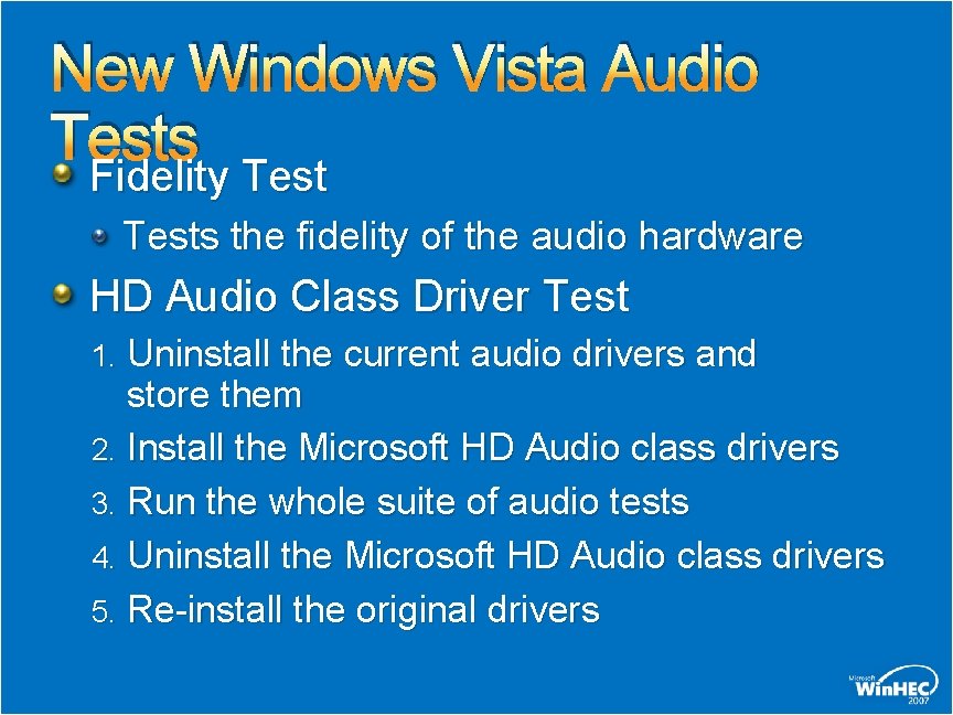 New Windows Vista Audio Tests Fidelity Tests the fidelity of the audio hardware HD New Windows Vista Audio Tests Fidelity Tests the fidelity of the audio hardware HD