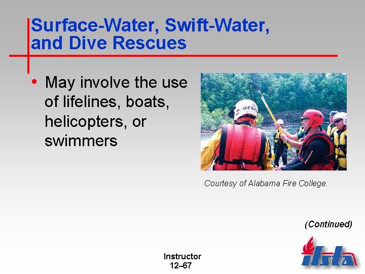 Surface-Water, Swift-Water, and Dive Rescues • May involve the use of lifelines, boats, helicopters,