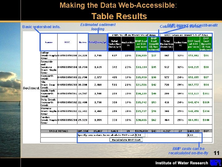 Making the Data Web-Accessible: Table Results Basic watershed info. Estimated sediment loading BMP impact
