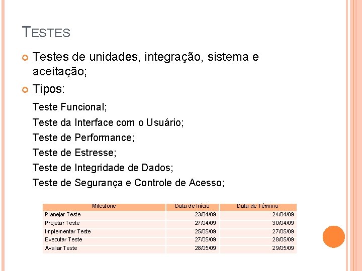 TESTES Testes de unidades, integração, sistema e aceitação; Tipos: Teste Funcional; Teste da Interface