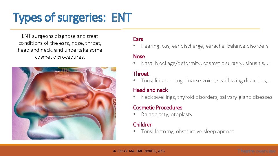 Types of surgeries: ENT surgeons diagnose and treat conditions of the ears, nose, throat,
