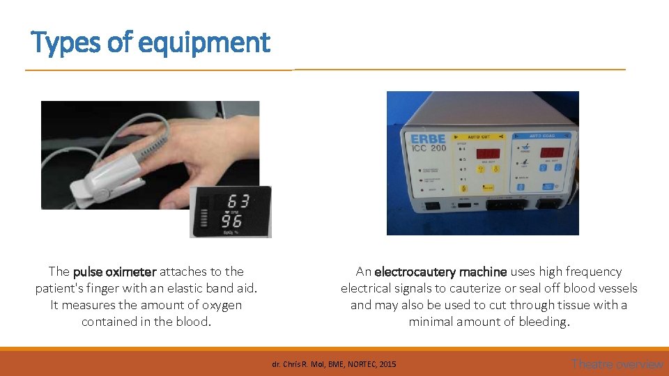 Types of equipment The pulse oximeter attaches to the patient's finger with an elastic