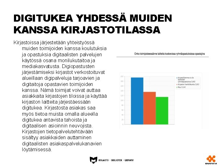 DIGITUKEA YHDESSÄ MUIDEN KANSSA KIRJASTOTILASSA Kirjastoissa järjestetään yhteistyössä muiden toimijoiden kanssa koulutuksia ja opastuksia