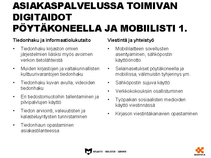 ASIAKASPALVELUSSA TOIMIVAN DIGITAIDOT PÖYTÄKONEELLA JA MOBIILISTI 1. Tiedonhaku ja informaatiolukutaito Viestintä ja yhteistyö •