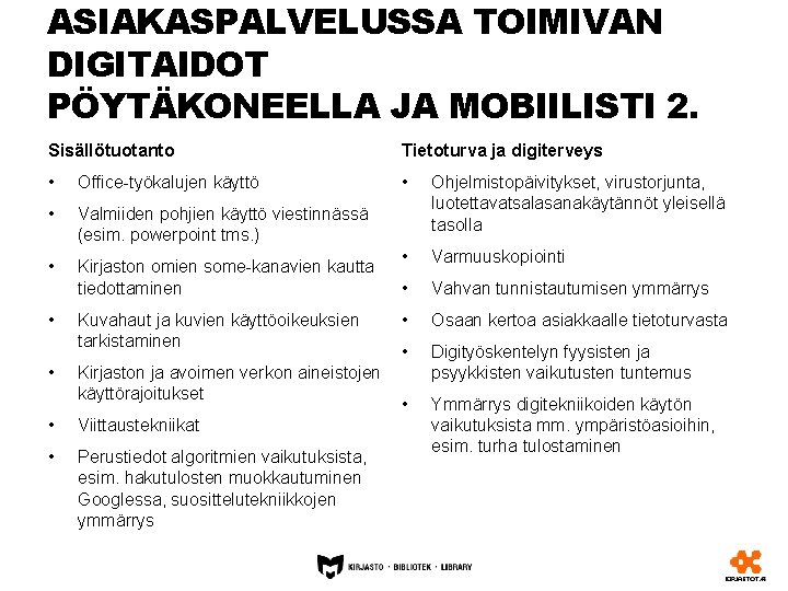 ASIAKASPALVELUSSA TOIMIVAN DIGITAIDOT PÖYTÄKONEELLA JA MOBIILISTI 2. Sisällötuotanto Tietoturva ja digiterveys • Office-työkalujen käyttö ASIAKASPALVELUSSA TOIMIVAN DIGITAIDOT PÖYTÄKONEELLA JA MOBIILISTI 2. Sisällötuotanto Tietoturva ja digiterveys • Office-työkalujen käyttö
