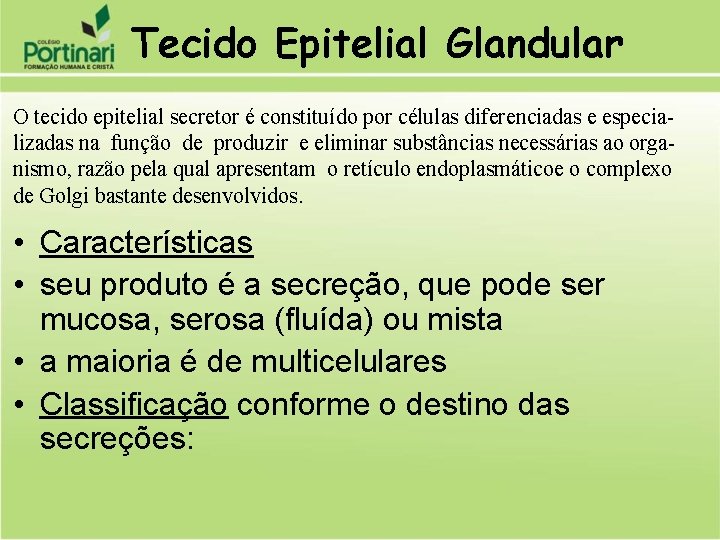 Tecido Epitelial Glandular O tecido epitelial secretor é constituído por células diferenciadas e especializadas