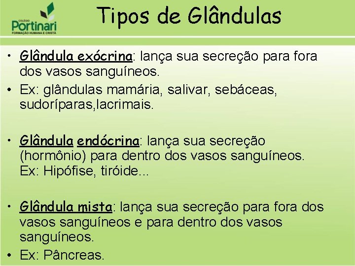 Tipos de Glândulas • Glândula exócrina: lança sua secreção para fora dos vasos sanguíneos.