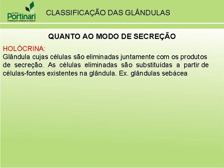 CLASSIFICAÇÃO DAS GL NDULAS QUANTO AO MODO DE SECREÇÃO HOLÓCRINA: Glândula cujas células são