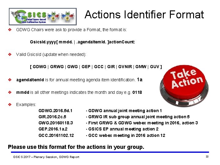 Actions Identifier Format v GDWG Chairs were ask to provide a Format, the format