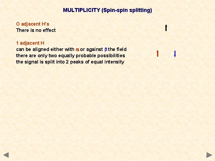 MULTIPLICITY (Spin-spin splitting) O adjacent H’s There is no effect 1 adjacent H can