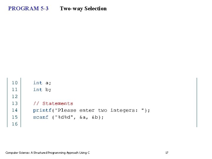 PROGRAM 5 -3 Two-way Selection Computer Science: A Structured Programming Approach Using C 17