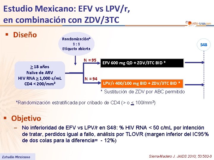 Estudio Mexicano: EFV vs LPV/r, en combinación con ZDV/3 TC § Diseño Randomización* 1: