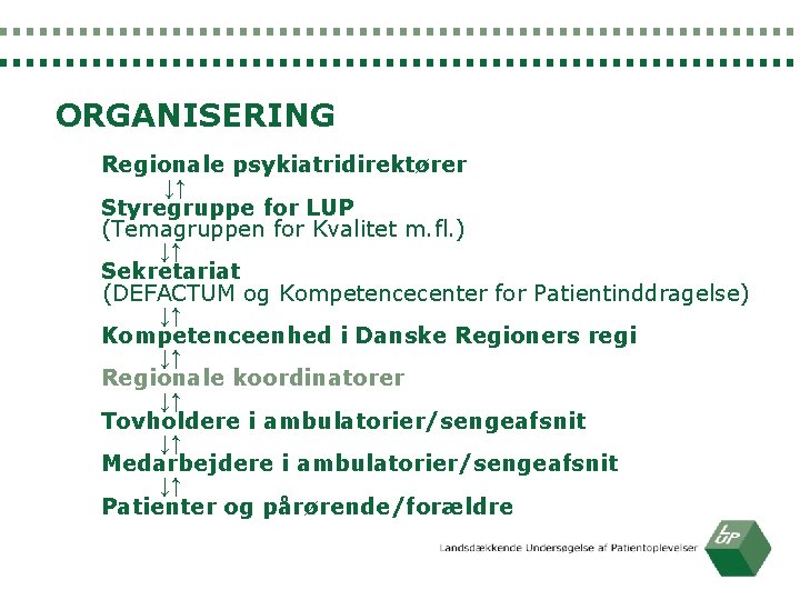 ORGANISERING Regionale psykiatridirektører ↓↑ Styregruppe for LUP (Temagruppen for Kvalitet m. fl. ) ↓↑