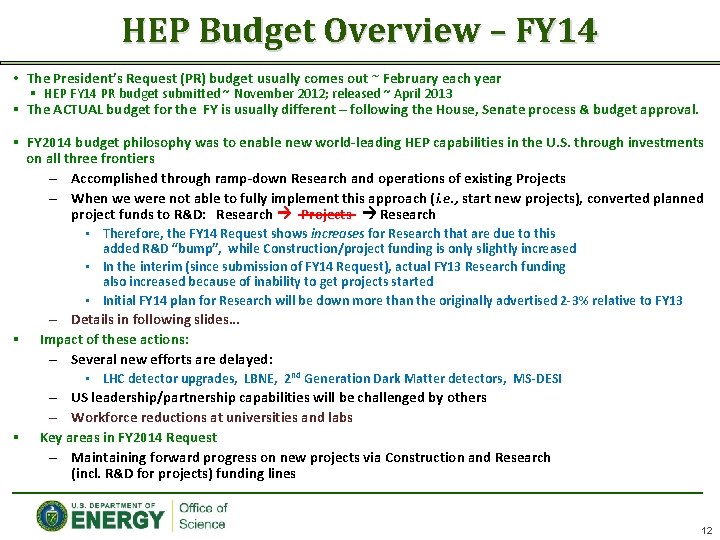 HEP Budget Overview – FY 14 • The President’s Request (PR) budget usually comes