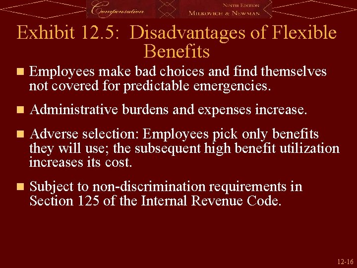 Exhibit 12. 5: Disadvantages of Flexible Benefits n Employees make bad choices and find