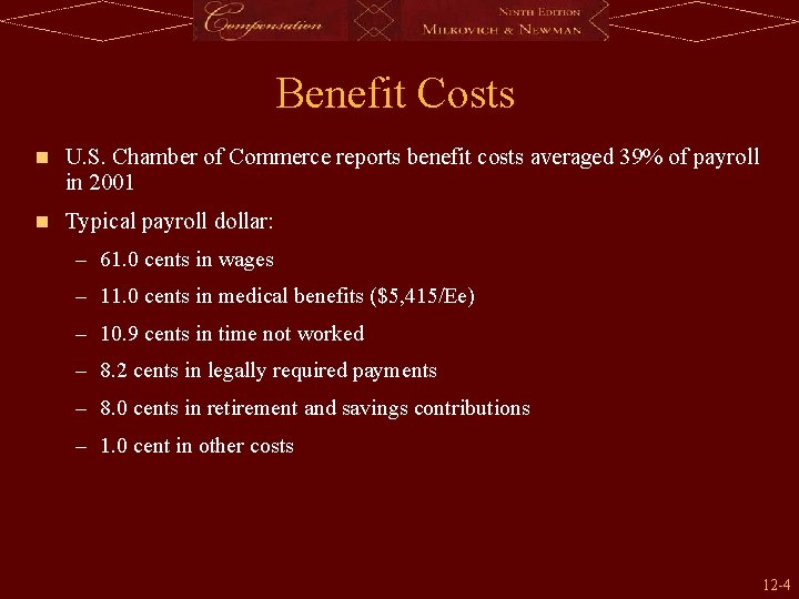 Benefit Costs n U. S. Chamber of Commerce reports benefit costs averaged 39% of