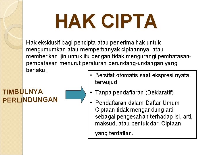 HAK CIPTA Hak eksklusif bagi pencipta atau penerima hak untuk mengumumkan atau memperbanyak ciptaannya