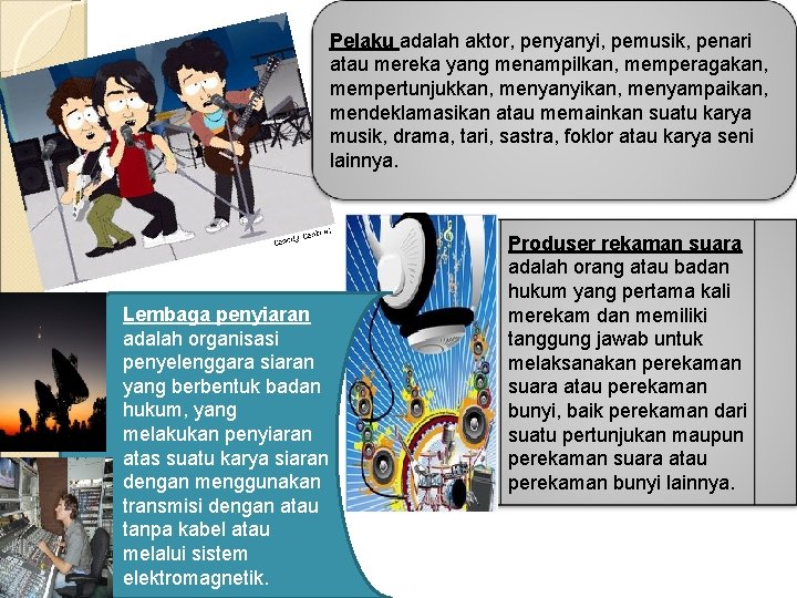 Pelaku adalah aktor, penyanyi, pemusik, penari atau mereka yang menampilkan, memperagakan, mempertunjukkan, menyanyikan, menyampaikan,