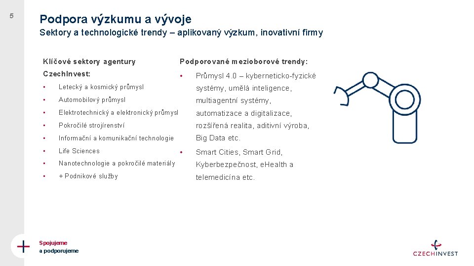 5 Podpora výzkumu a vývoje Sektory a technologické trendy – aplikovaný výzkum, inovativní firmy