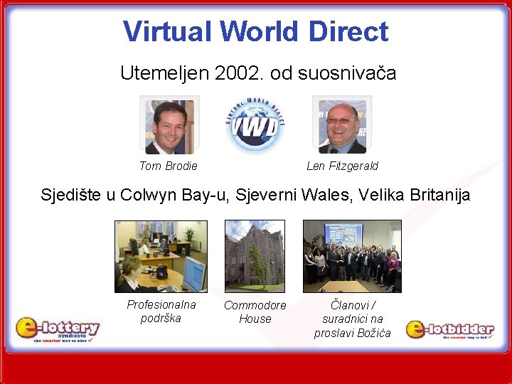 Virtual World Direct Utemeljen 2002. od suosnivača Tom Brodie Len Fitzgerald Sjedište u Colwyn