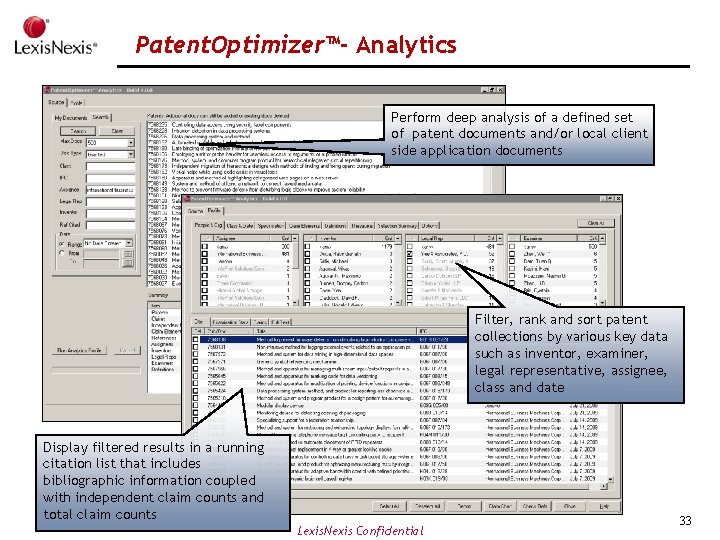 Patent. Optimizer™- Analytics Perform deep analysis of a defined set of patent documents and/or
