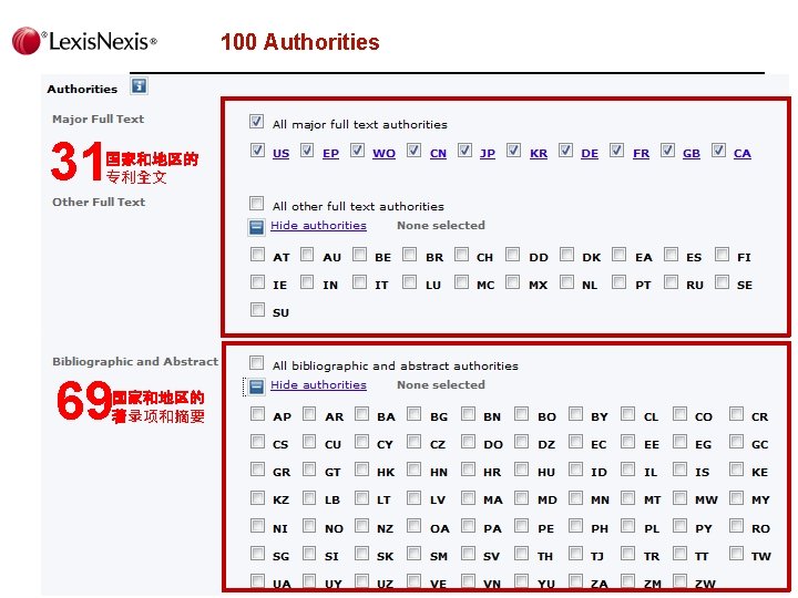 100 Authorities 31 国家和地区的 专利全文 69 国家和地区的 著录项和摘要 Lexis. Nexis Confidential 8 