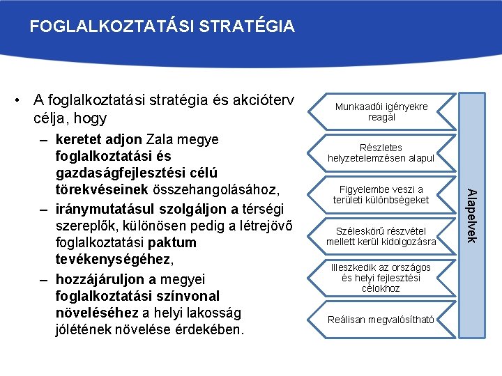 FOGLALKOZTATÁSI STRATÉGIA • A foglalkoztatási stratégia és akcióterv célja, hogy Részletes helyzetelemzésen alapul Figyelembe