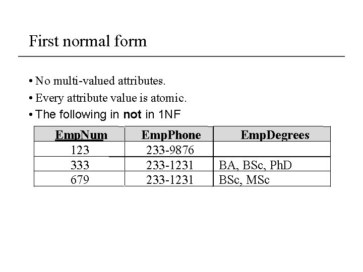 First normal form • No multi-valued attributes. • Every attribute value is atomic. •
