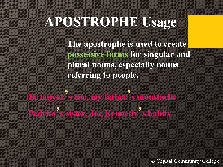 APOSTROPHE Usage The apostrophe is used to create possessive forms for singular and plural