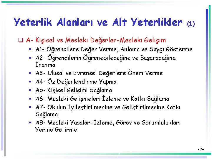 Yeterlik Alanları ve Alt Yeterlikler (1) q A- Kişisel ve Mesleki Değerler-Mesleki Gelişim §