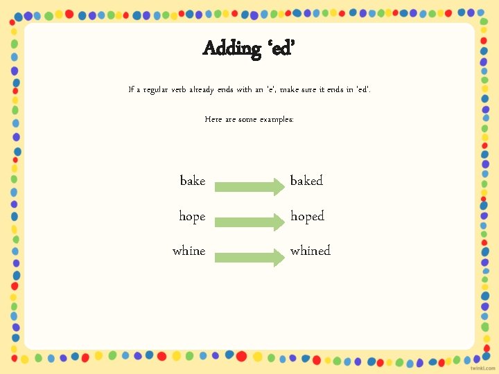 Adding ‘ed’ If a regular verb already ends with an ‘e’, make sure it