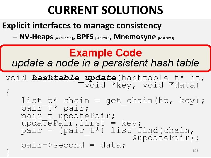 CURRENT SOLUTIONS Explicit interfaces to manage consistency – NV-Heaps [ASPLOS’ 11], BPFS [SOSP’ 09],