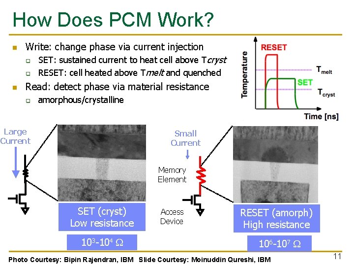 How Does PCM Work? n Write: change phase via current injection q q n