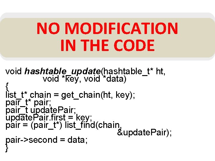 NO MODIFICATION IN THE CODE void hashtable_update(hashtable_t* ht, void *key, void *data) { list_t*