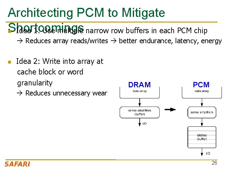 Architecting PCM to Mitigate Shortcomings n Idea 1: Use multiple narrow buffers in each