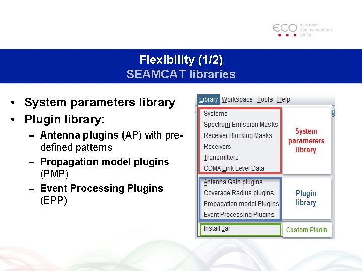 Flexibility (1/2) SEAMCAT libraries • System parameters library • Plugin library: – Antenna plugins Flexibility (1/2) SEAMCAT libraries • System parameters library • Plugin library: – Antenna plugins