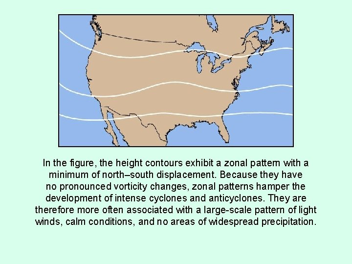 In the figure, the height contours exhibit a zonal pattern with a minimum of