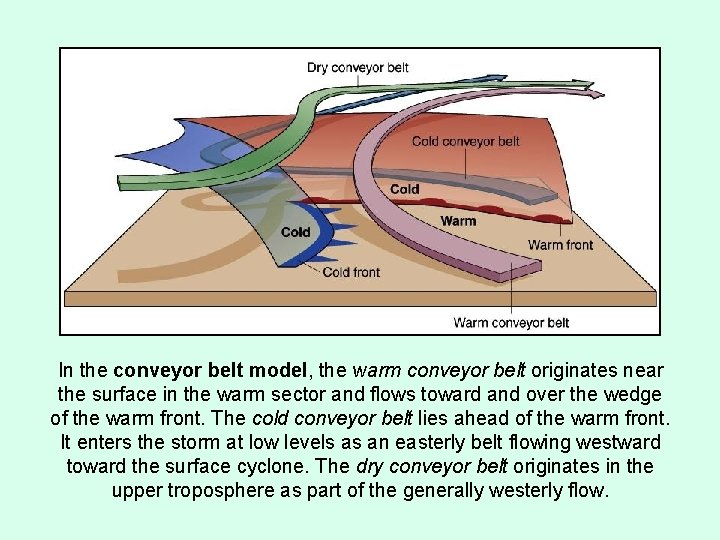 In the conveyor belt model, the warm conveyor belt originates near the surface in