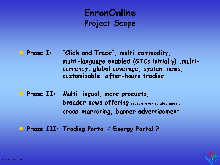 Enron. Online Project Scope l Phase I: “Click and Trade”, multi-commodity, multi-language enabled (GTCs
