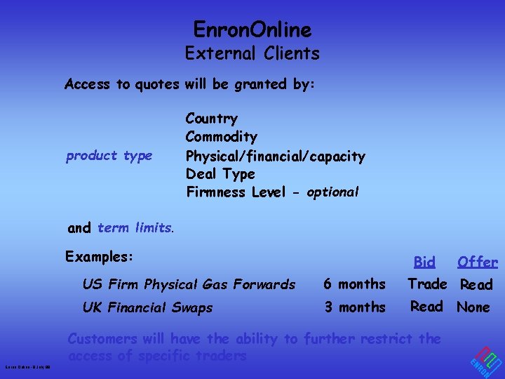 Enron. Online External Clients Access to quotes will be granted by: product type Country