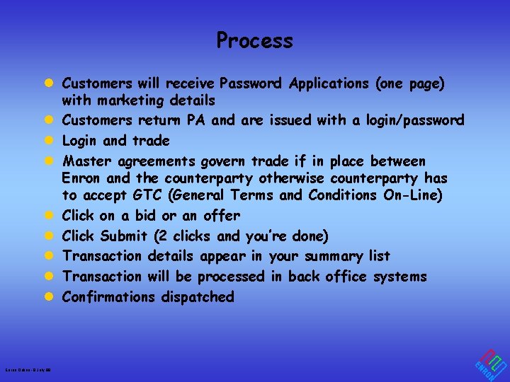Process l Customers will receive Password Applications (one page) with marketing details l Customers