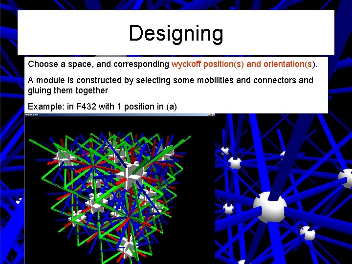 Designing Choose a space, and corresponding wyckoff position(s) and orientation(s). A module is constructed Designing Choose a space, and corresponding wyckoff position(s) and orientation(s). A module is constructed
