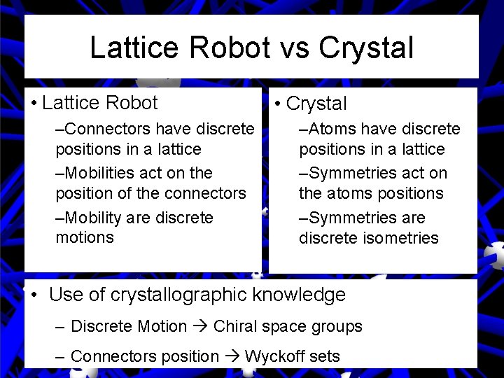 Lattice Robot vs Crystal • Lattice Robot –Connectors have discrete positions in a lattice Lattice Robot vs Crystal • Lattice Robot –Connectors have discrete positions in a lattice